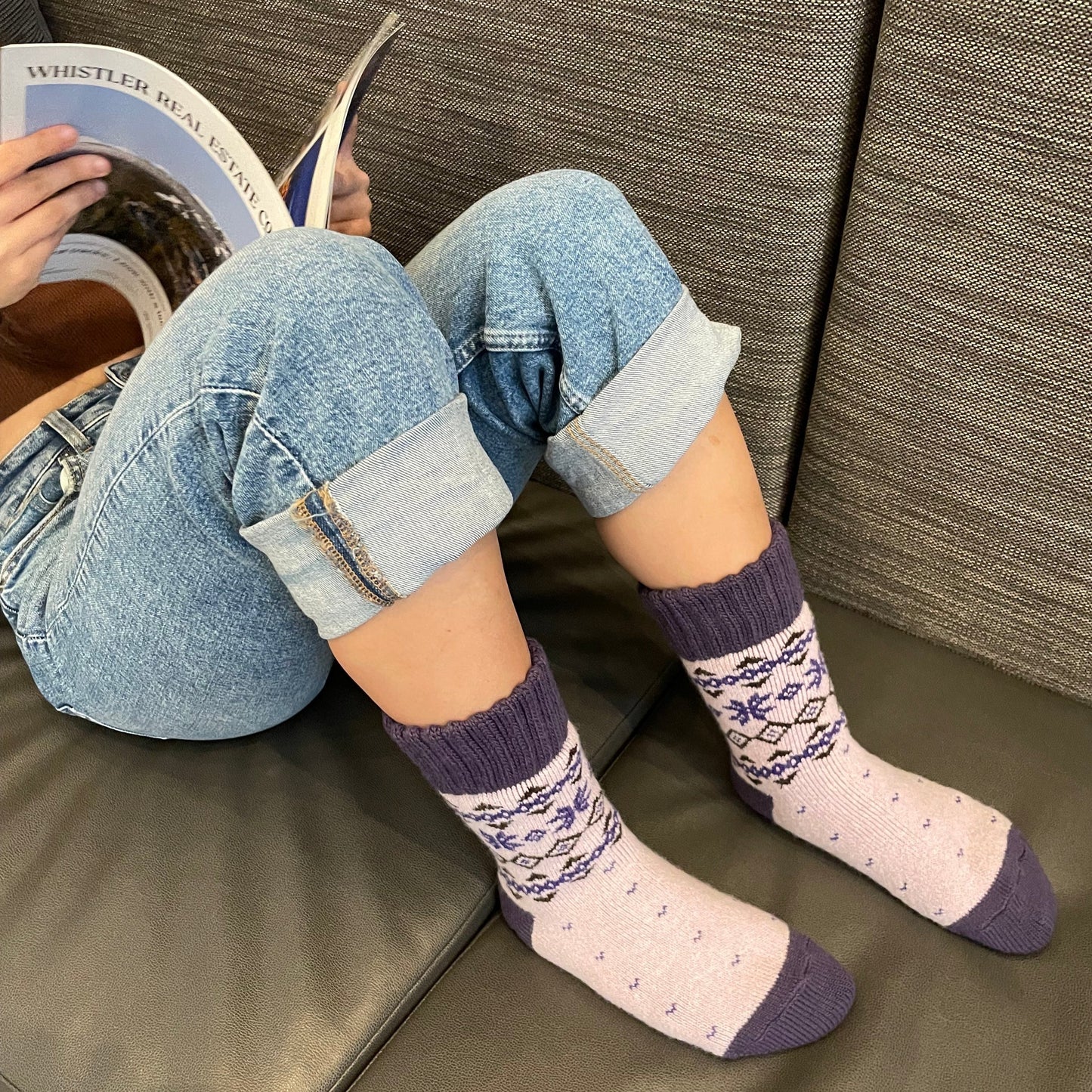 裏起毛 はきぐち柔らか ノルディック柄 滑り止め付きルームソックス