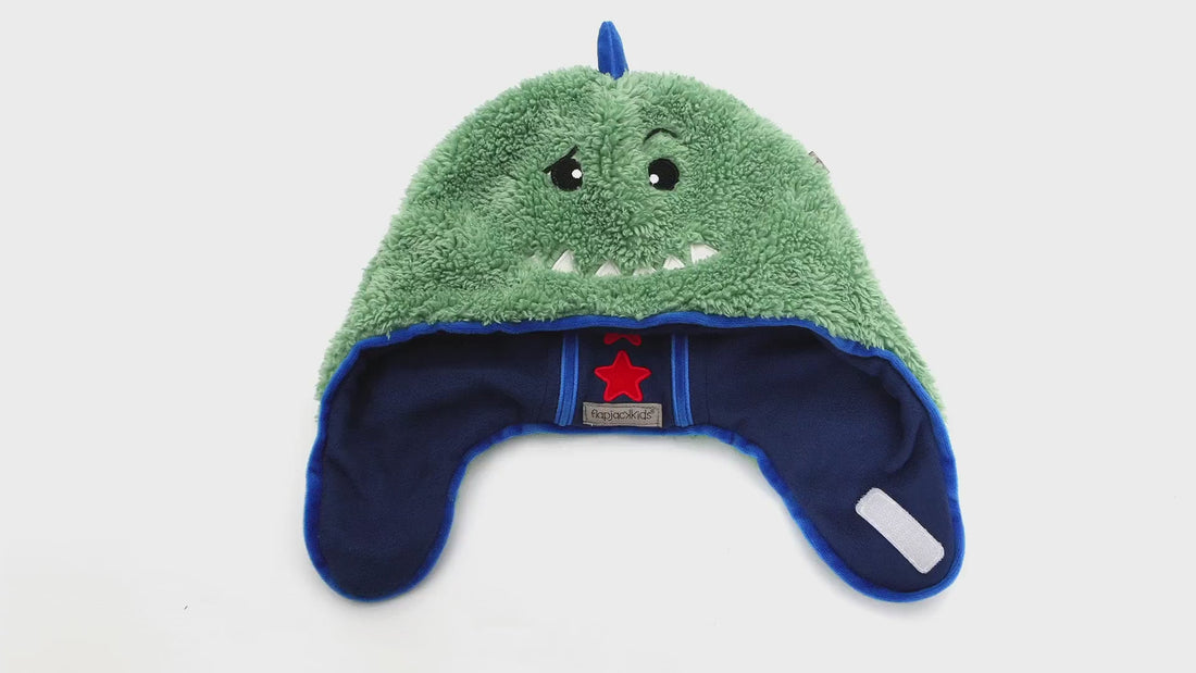 フラップジャックキッズ　リバーシブル　シェルパハット　恐竜　宇宙飛行士　動画　